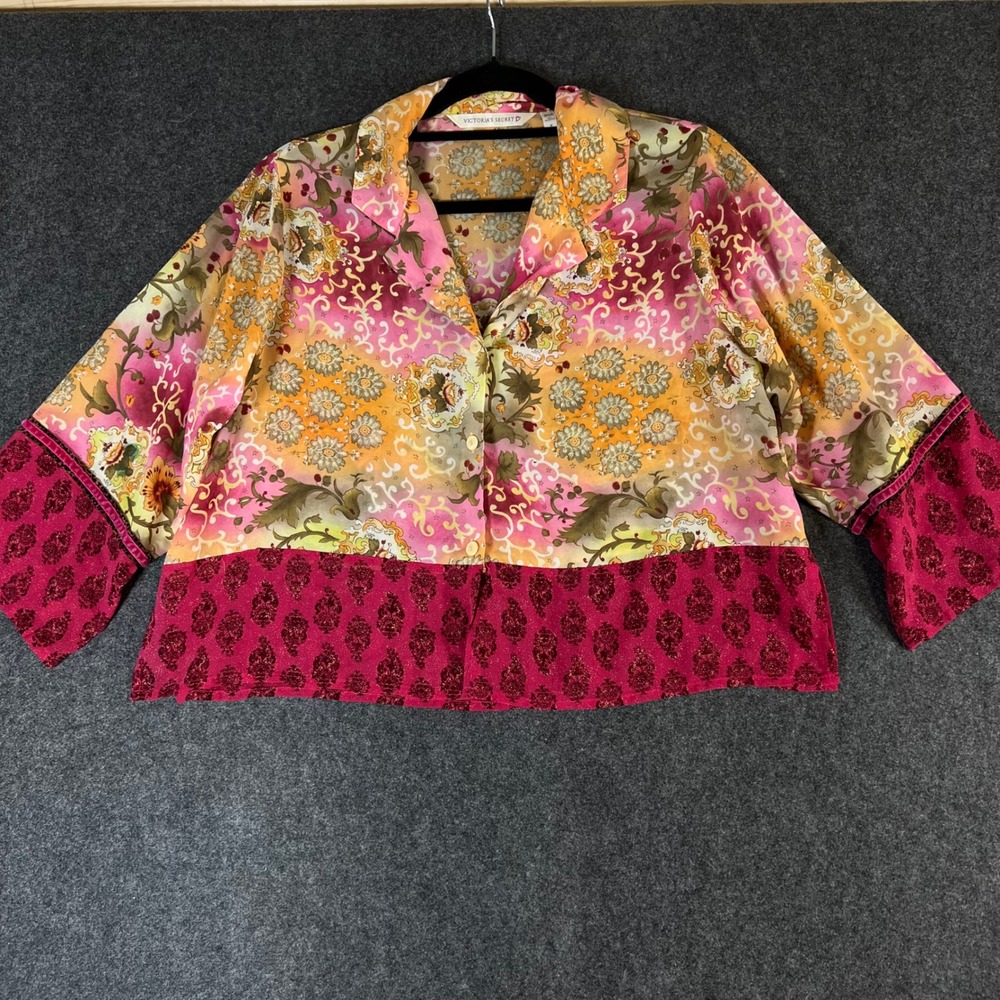 Victorias Secret Floral Damask Button Up Lounge Top Pink Orange Burgundy M VTG